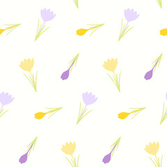 Seamless pattern of hand drawn simple crocuses on isolated background. Spring design for mother's day, Easter, springtime and summertime celebration, scrapbooking, textile, home decor, paper craft.