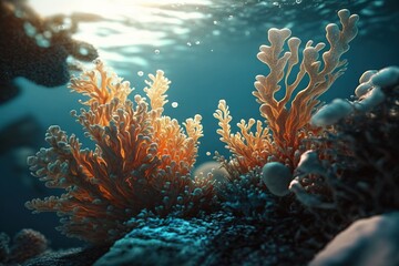 Fototapeta na wymiar Oceanic biodiversity: Colorful corals on the reef in the shallow water.