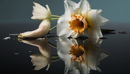 Narcissus flower reflecting fallen petals in the mirror. Change, transformation minimal conceptual background. generative ai