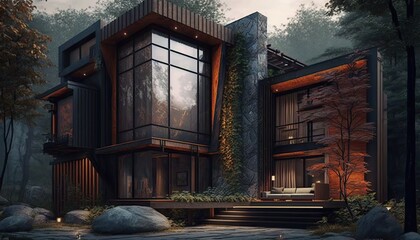 Suburban Home From Natural Materials With Landscaping Around Wonderful eco - friendly house with dark wooden walls and a brown metal stair tower. generative ai