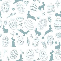 Rabbit flowers of eggs Seamless pattern mint color on a white background. Easter hare and holiday food. Fabric, wrapping paper. Vector illustration