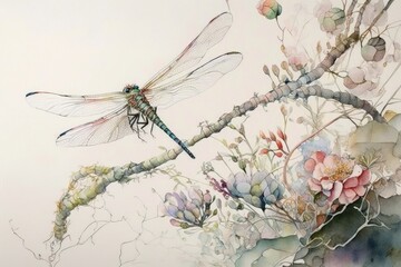 Beautiful dragonfly watercolor illustration made with Generative AI - obrazy, fototapety, plakaty