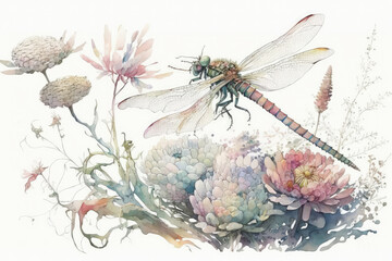 Beautiful dragonfly watercolor illustration made with Generative AI - obrazy, fototapety, plakaty
