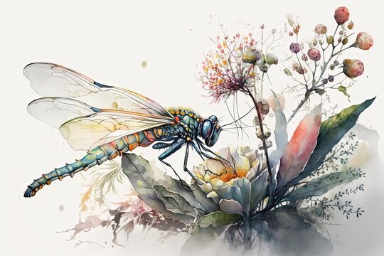 Beautiful dragonfly watercolor illustration made with Generative AI