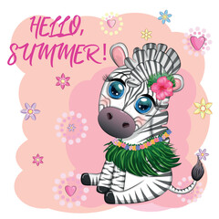 Cute zebra in hula dancer costume, Hawaii, child character. Summer holidays, vacation