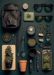 Fototapeta na wymiar Top view of medical marijuana items. Vertical image, minimalistic, flat lay, overhead view, copy space. Generative AI.