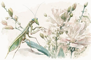 Beautiful grasshopper watercolor illustration made with Generative AI