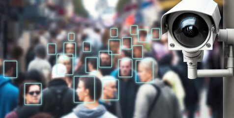 A surveillance camera in a busy street using facial recognition technology to monitor the population. Generative AI illustration - obrazy, fototapety, plakaty