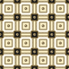 Seamless vintage square pattern with gold chains, beads, buttons. Geometric classic grid. Vector illustration in vintage style