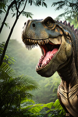 Obraz premium T-rex dinosaur predator in jungle , prehistoric monster animal.Generative AI