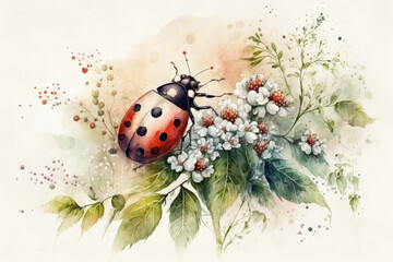 Beautiful ladybug watercolor illustration made with Generative AI