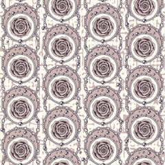 Seamless vintage staggered pattern with roses, circles, chains, beads. Flowers inside of circles. Textured backdrop. Fashion illustration. Pale pink pastel colors. Vector
