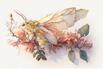 Beautiful rosy maple moth watercolor illustration made with Generative AI