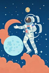 Fototapeta premium Astronaut waving at the Moon in outer space. Universe. vector illustration - generative ai
