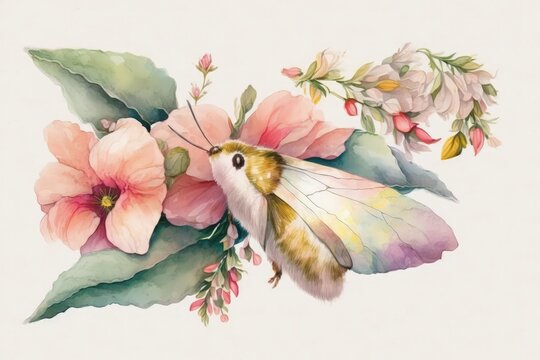 Beautiful rosy maple moth watercolor illustration made with Generative AI