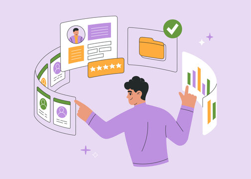 Recruitment agency, hiring employees. Hr manager selects the best candidate for job vacancy. CV, resume analysis. Hand drawn vector illustration isolated on purple background, flat cartoon style