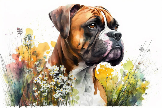  Watercolor painting of beautiful boxer in a colorful flower field. Ideal for art print, greeting card, springtime concepts etc. Made with generative AI. 