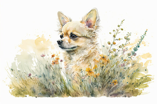  Watercolor painting of cute white chihuahua in a colorful flower field. Ideal for art print, greeting card, springtime concepts etc. Made with generative AI. 
