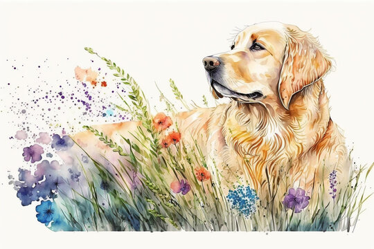  Watercolor painting of golden retriever in a colorful flower field. Ideal for art print, greeting card, springtime concepts etc. Made with generative AI. 