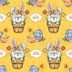 Seamless Pattern Happy Easter With Bunny Rabbit And Easter Eggs On Yellow Background. Cute Cartoon Illustration