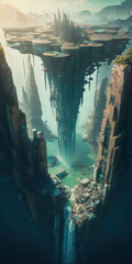 aerial view of a futuristic city built vertically. Beautiful clouds and waterfalls. Sunset