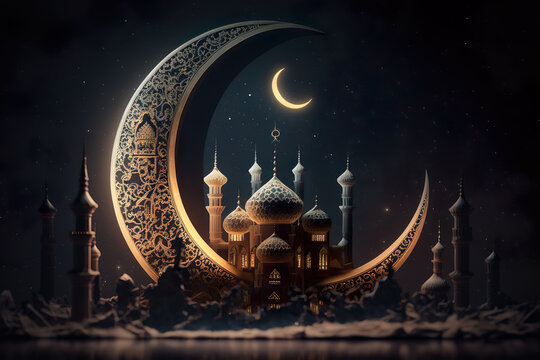 Ramadan kareem and Ramadane mubarak. Shiny Exquisite Crescent Moon With Carved Mosque On Night Background. Generative Ai