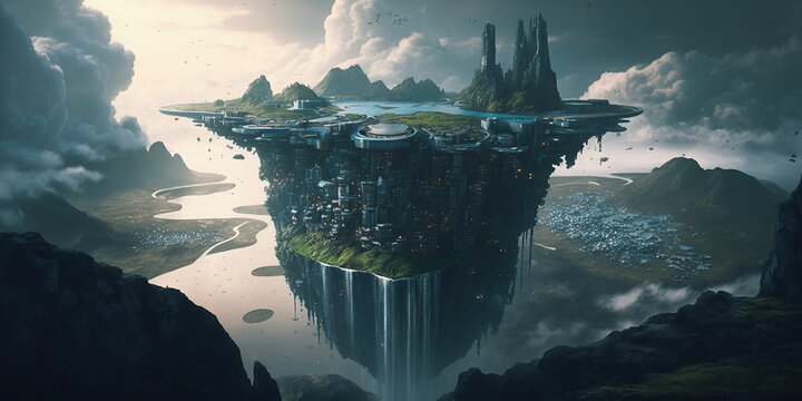 aerial view of a futuristic city built vertically. Beautiful clouds and waterfalls. Sunset