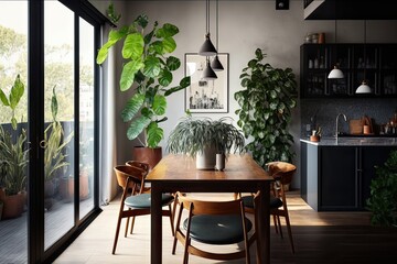 Fototapeta na wymiar Modern home's patio doors with dining set and plant. Photo generative AI