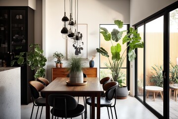 Modern home's patio doors with dining set and plant. Photo generative AI