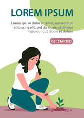 The girl planted a young seedling in the ground. In the hand a garden scoop. Gardening outdoors. Caring for nature and ecology. Design for poster, banner, website. Vector cartoon illustration