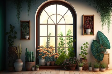 Fototapeta na wymiar Green Plants and Flowers in Window. Photo generative AI