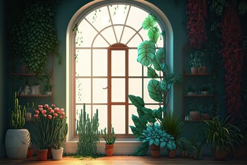 Green Plants and Flowers in Window. Photo generative AI