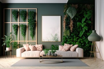 Green Living Room: Vertical Garden, Plants, Beige Sofa, Parquet Floor. Photo generative AI