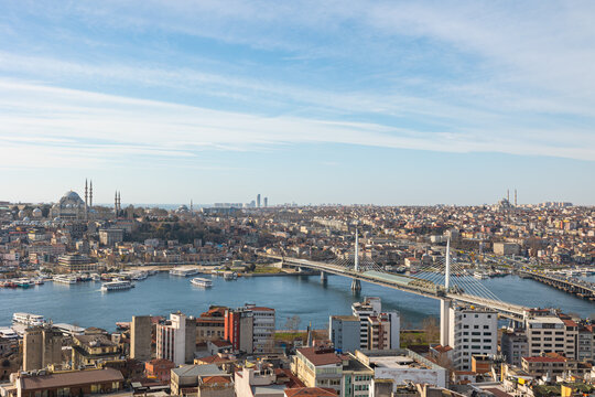 Travel to Istanbul. Golden Horn and Suleymaniye Mosque view from Galata Tower