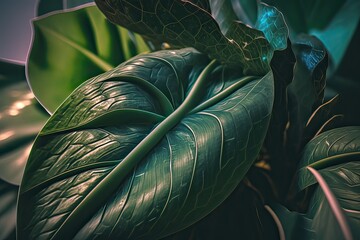 Close-up of green leaves of houseplant. Photo generative AI