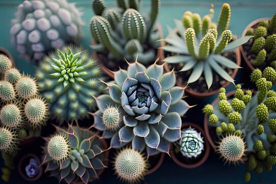 Overhead Color Image of Exotic Cacti in Row - Focus on One. Photo generative AI