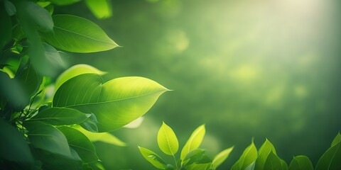 Fototapeta na wymiar background with bright green leaves on a blurred backlit background, generative AI