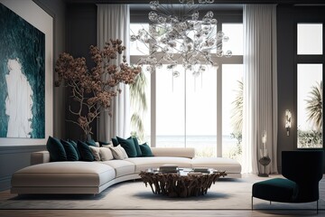 Spacious Cozy Living Room with Sofa and Artistic Chandelier. Photo generative AI