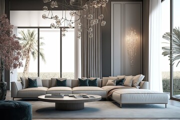 Spacious Cozy Living Room with Sofa and Artistic Chandelier. Photo generative AI