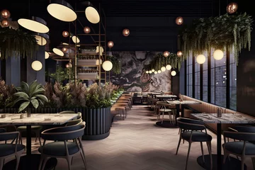 Tuinposter Luxurious Restaurant Interior with Tables, Chairs, Lights, and Plants. Photo generative AI © pixardi