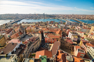 Istanbul skyline from Galata Tower. Karakoy district and Golden Horn view