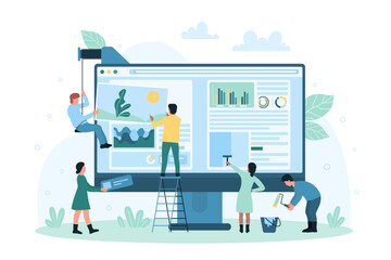 Web design vector illustration. Cartoon tiny people create digital interface of homepage, UI and UX designers work online with website editor application on screen, characters edit data and content - obrazy, fototapety, plakaty