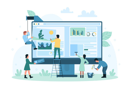 Web design vector illustration. Cartoon tiny people create digital interface of homepage, UI and UX designers work online with website editor application on screen, characters edit data and content