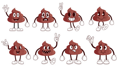 Cute poop excrement shit emoticon poo emoji set. Graphic design vector illustration