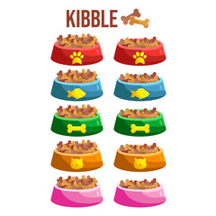 Cat and dog food pet bowl. Cute Cartoon vector illustration pet feed containers, bowl or plate . Home animals wet and dry food meal. Round, bones, square kibble.