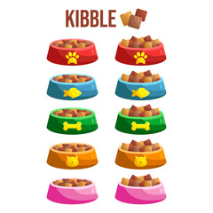 Cat and dog food pet bowl. Cute Cartoon vector illustration pet feed containers, bowl or plate . Home animals wet and dry food meal. Round, bones, square kibble.