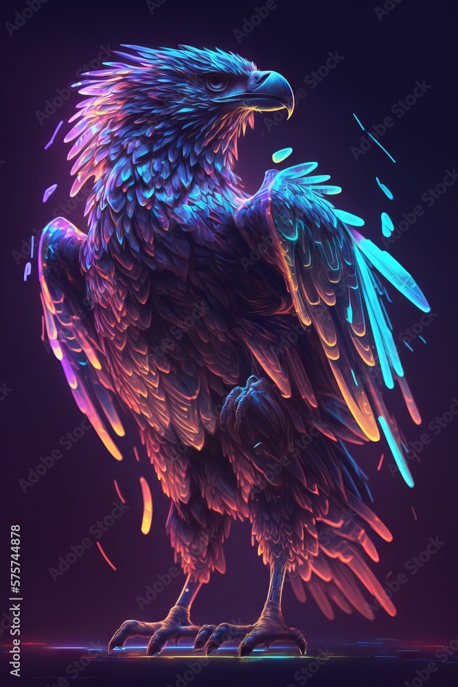 Poster generative ai of an eagle in neon light on a dark background