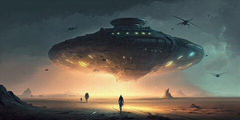 Naklejka na ściany i meble generative ai illustration, landing of an alien ship on a planet