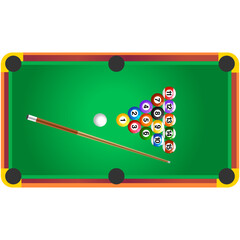 Realistic vector illustration of a green pool table with balls and cues. Top view. vector cartoon realistic illustration.