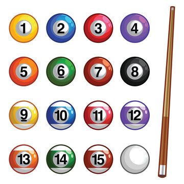 Set of billiard balls, a collection of all the pool or snooker balls with numbers collection isolated on white background, vector cartoon realistic illustration.